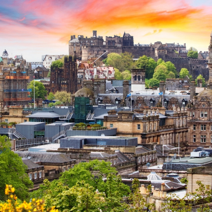 The skyline with Edinburgh Castle at sunset