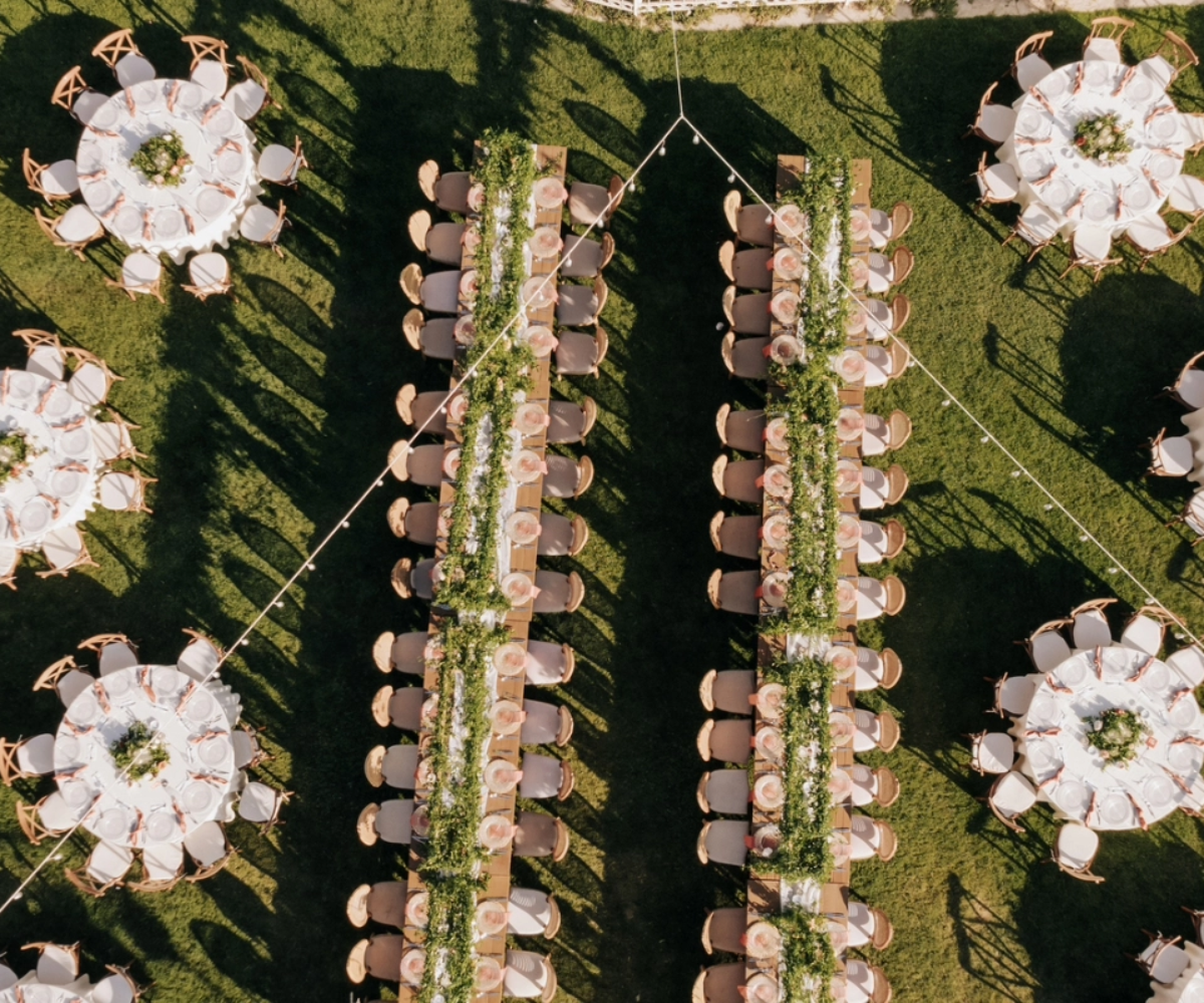 A beautiful outdoor wedding scene from above